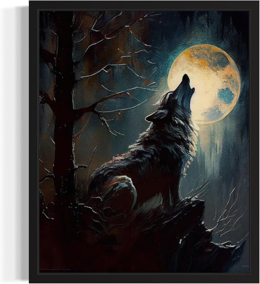 Wolf howling Poster Art Print, Halloween Scary Vintage Wall Art Academia Spooky Painting Decoration for Horror Prints, Gothic Posters Bedroom Decor 89 (Wolf howling, 16 x 20 inches, Black Frame)