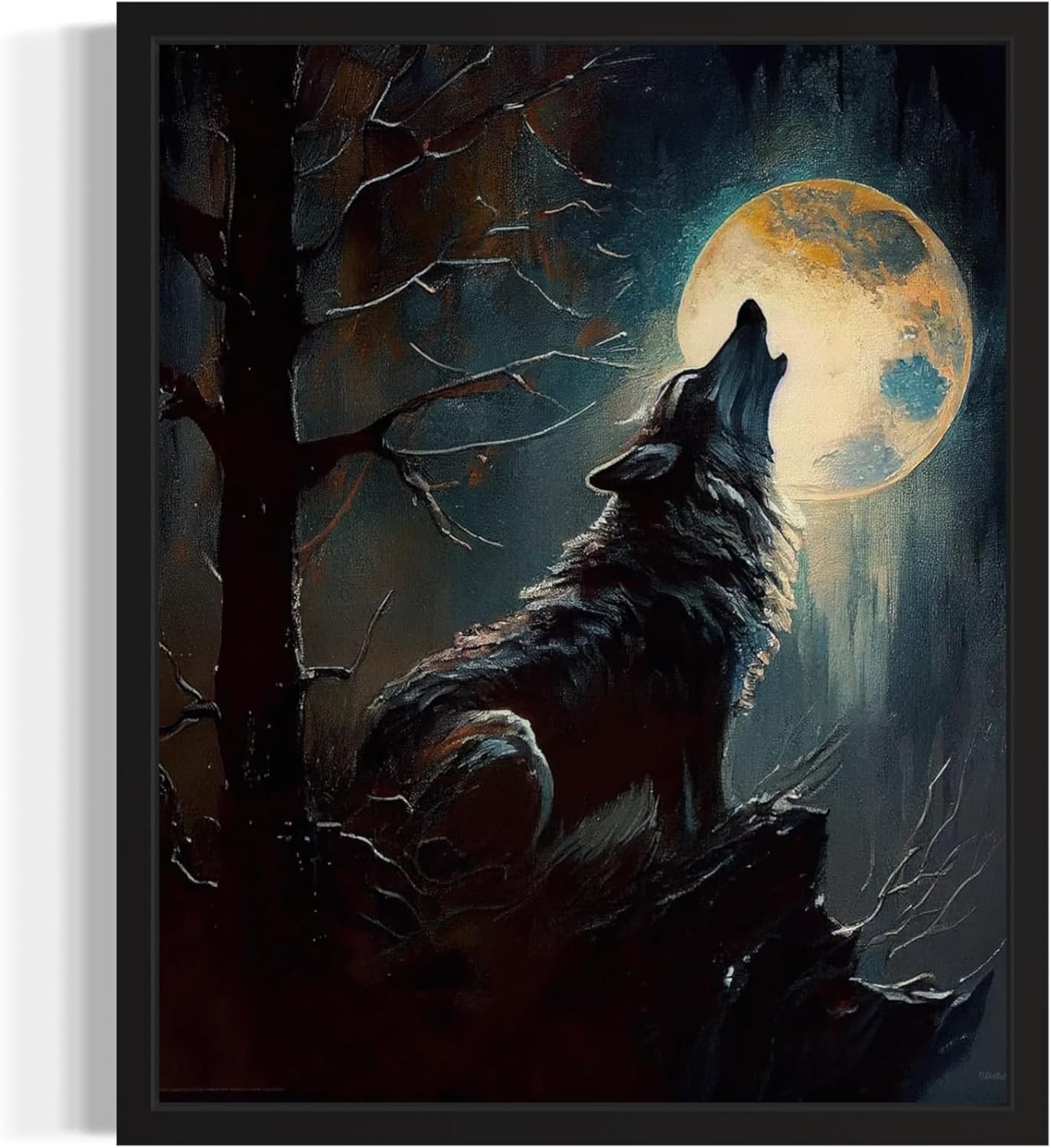Wolf howling Poster Art Print, Halloween Scary Vintage Wall Art Academia Spooky Painting Decoration for Horror Prints, Gothic Posters Bedroom Decor 89 (Wolf howling, 8 x 10 inches, Black Frame)