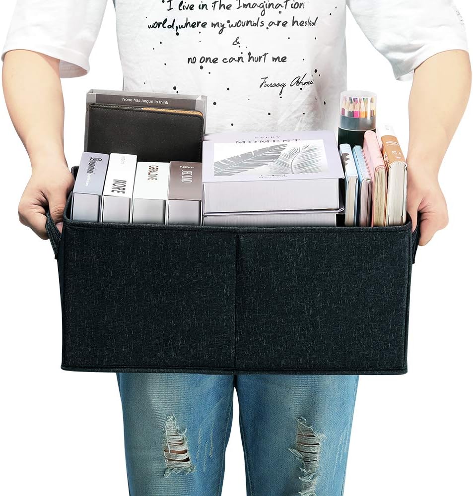 HOONEX Linen Foldable Storage Bins with Lids, 2 Pack, Storage Boxes with Carrying Handles and Sturdy Heavy Cardboard, 16.5" L x 11.8" W x 7.5" H for Shoes, Books, Clothes, Nursery, Dark Grey