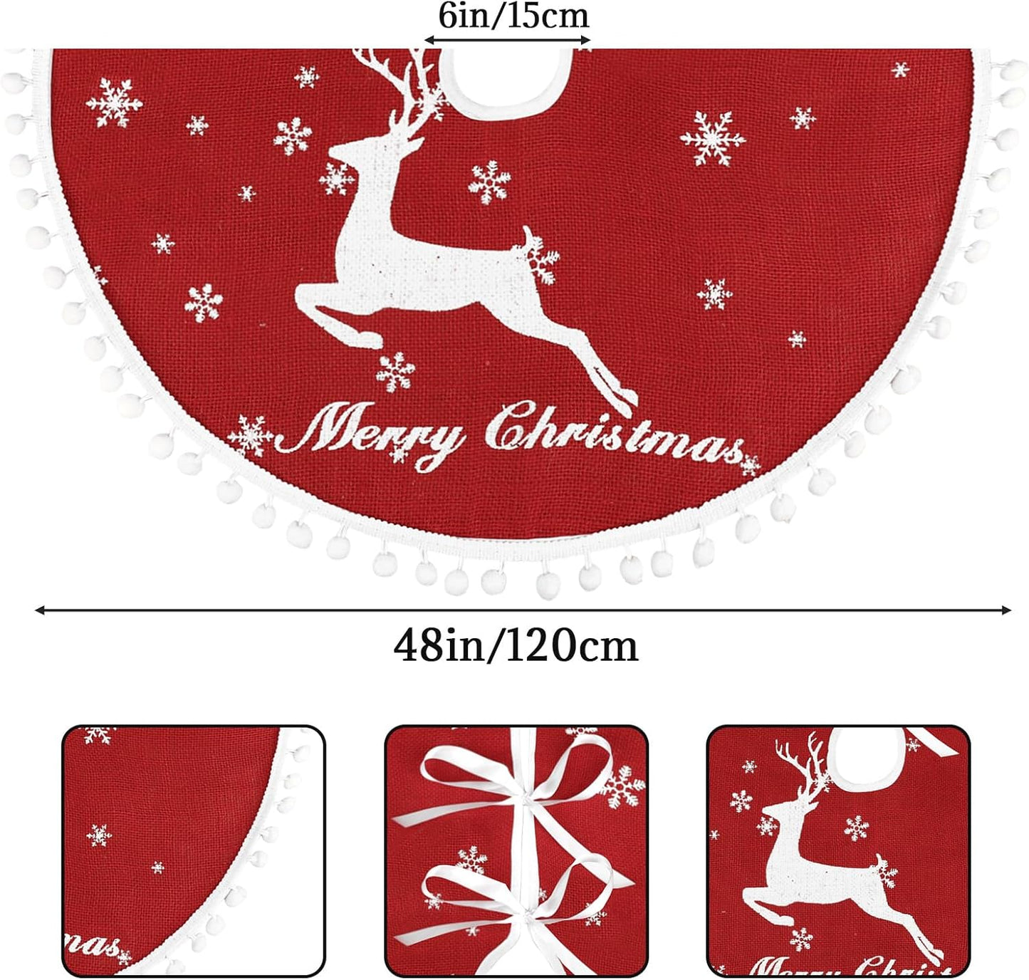 48 Inch Christmas Tree Skirt, Burlap Red Christmas Rustic Tree Skirt with Elk Deer and White Snowflake Printed for Holiday Party Xmas Tree Decoration