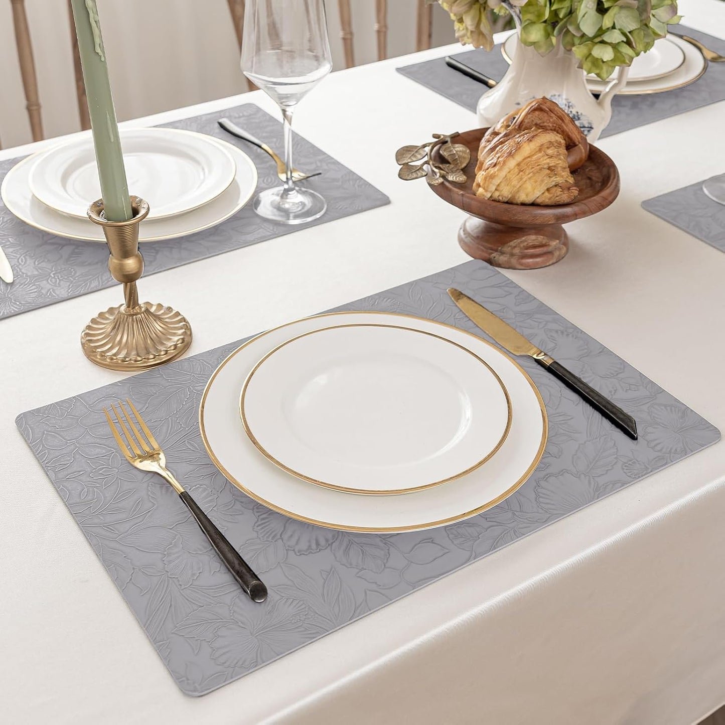 Romanstile Vinyl Placemats Set of 8-12 X 18 Inch - Heat Resistant Non-Slip Embossed Floral Place Mats 100% Waterproof Oilproof Wipeable Faux Leather Table Mats for Kitchen/Dining/Party, Grey