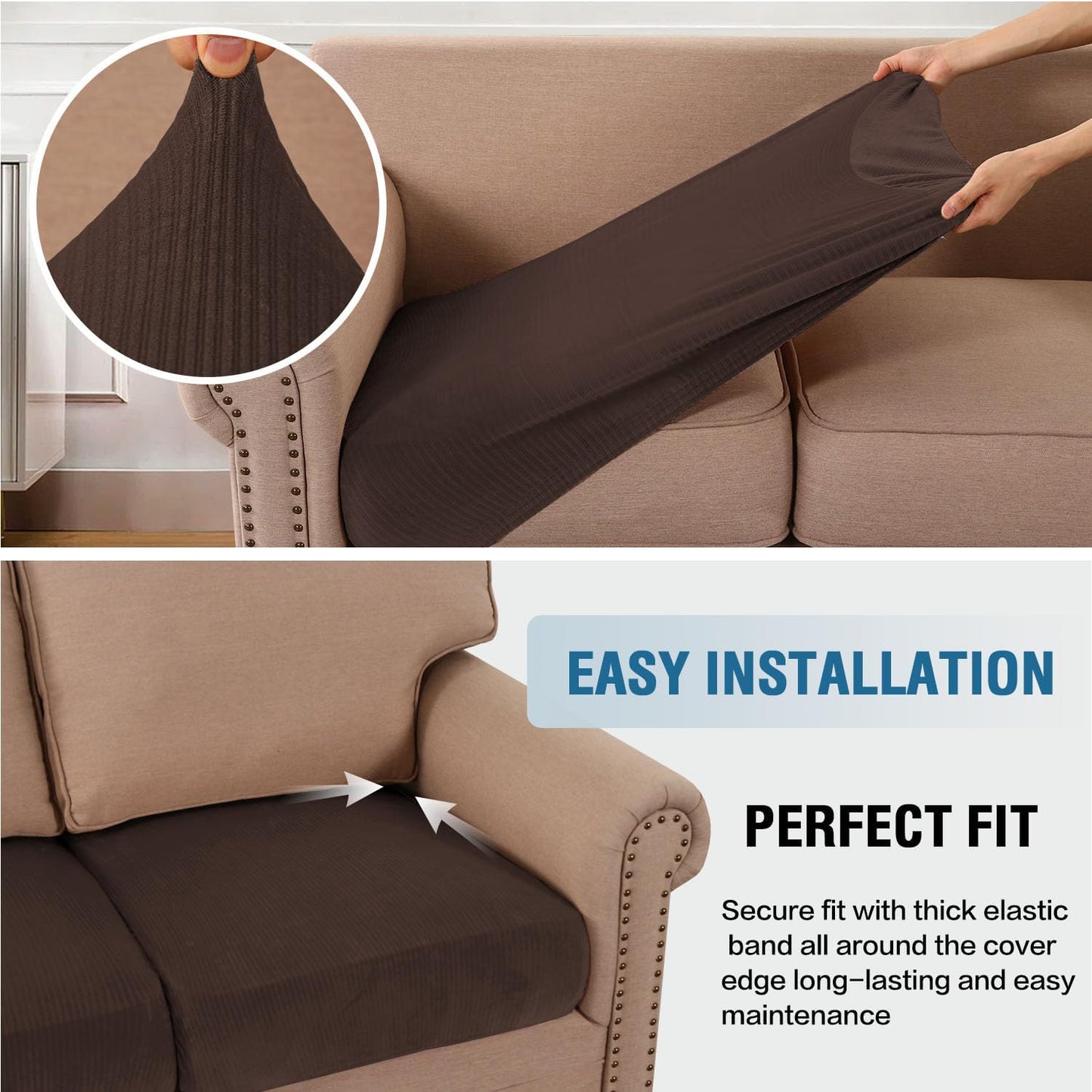 H.VERSAILTEX Velvet Stretch Couch Cushion Cover Plush Cushion Slipcover for Chair Cushion Furniture Protector Seat Cushion Sofa Cover (1 Piece Armchair Cushion Covers, Brown Striped)