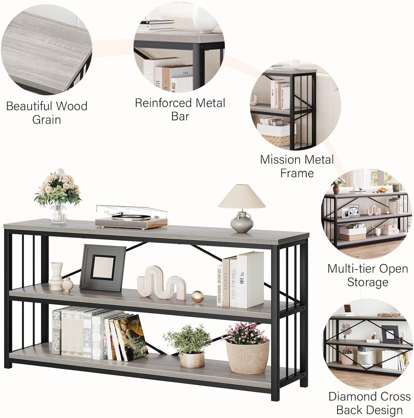 LVB Extra Long 3-Tier Sofa Table, Industrial Console Table with Storage Shelf, Modern Rustic Wood Metal Narrow Entryway Table, Skinny Behind Couch Table for Foyer Living Room Bedroom, Light Grey, 70In