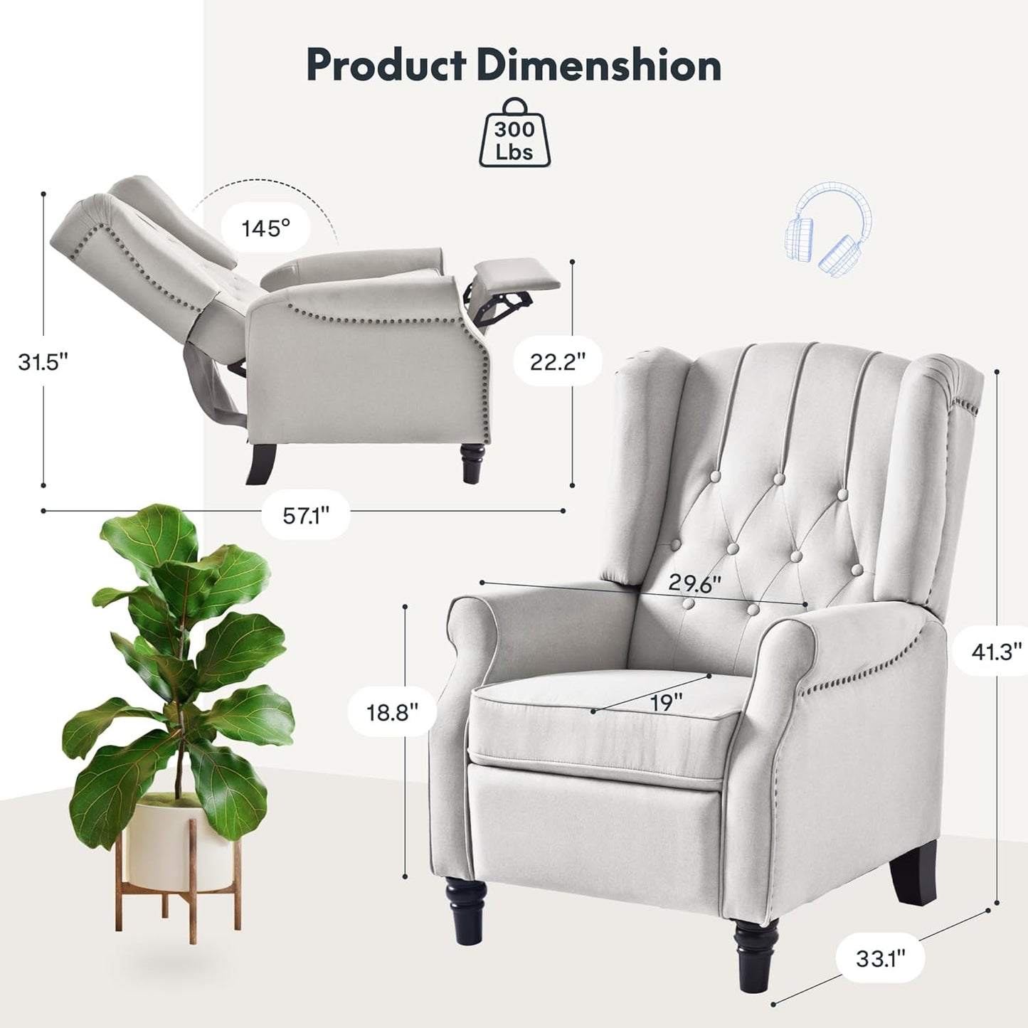 Softa Recliner Chair for Adults, Mid Century Wingback Pushback Accent Chair with Rivet Decoration, Tufted Upholstered Single Sofa Armchair for Living Room, Bedroom, Study (Fabric, Cream)