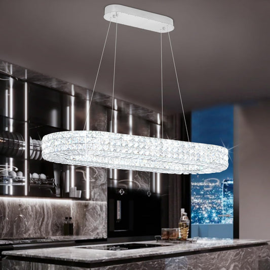 Modern Crystal Chandelier, Dia 40" Rectangular Chandelier for Dining Room,Chrome Rectangle Crystal Ceiling Light Luxury Oval Chandeliers for Living Room Kitchen Island