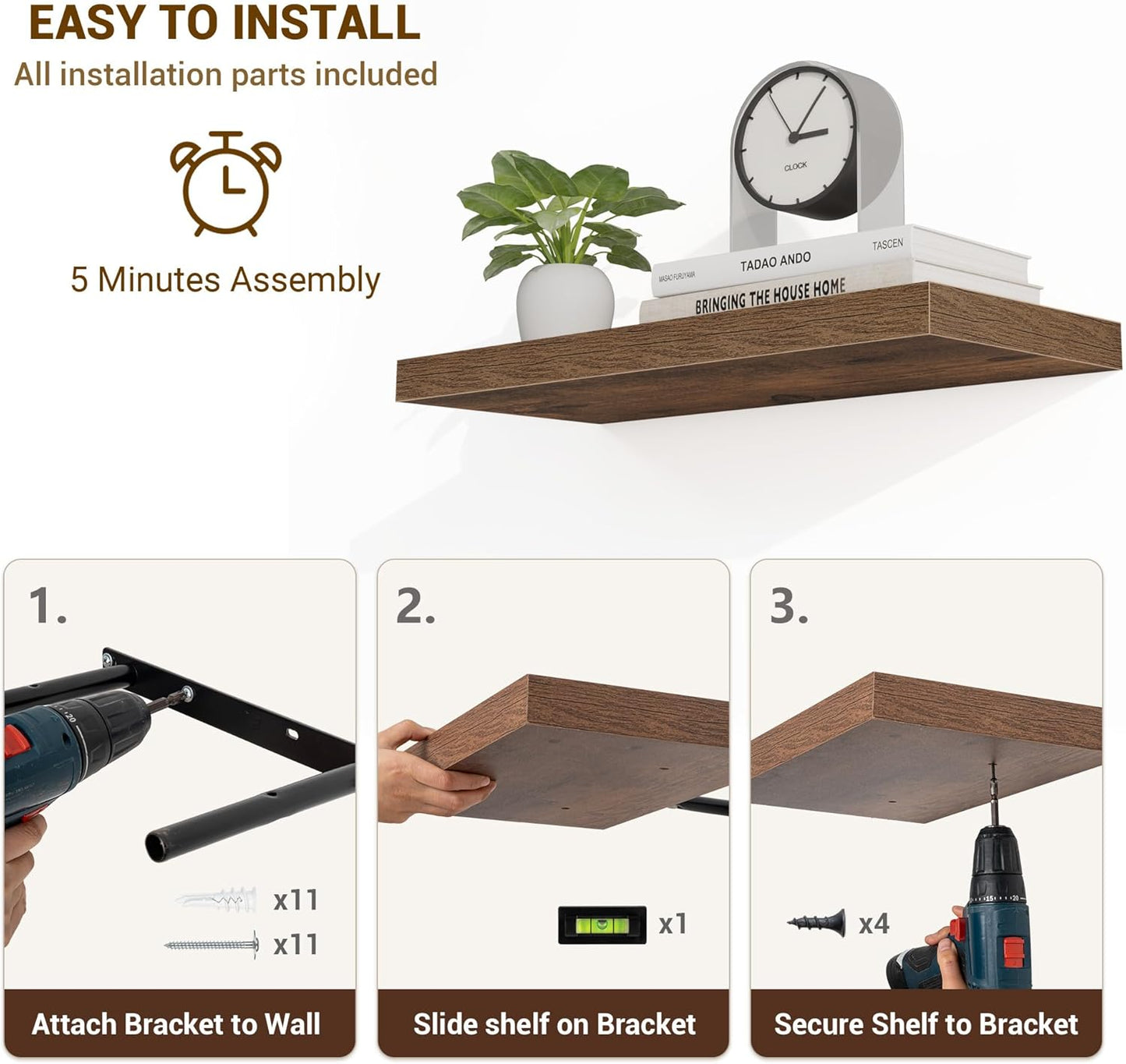 48 Inch Floating Shelves, 48"x9.25"x1.5" Inch Deep Floating Shelves for Wall, Wooden Shelves for Bathroom, Bedroom, Living Room, Brown