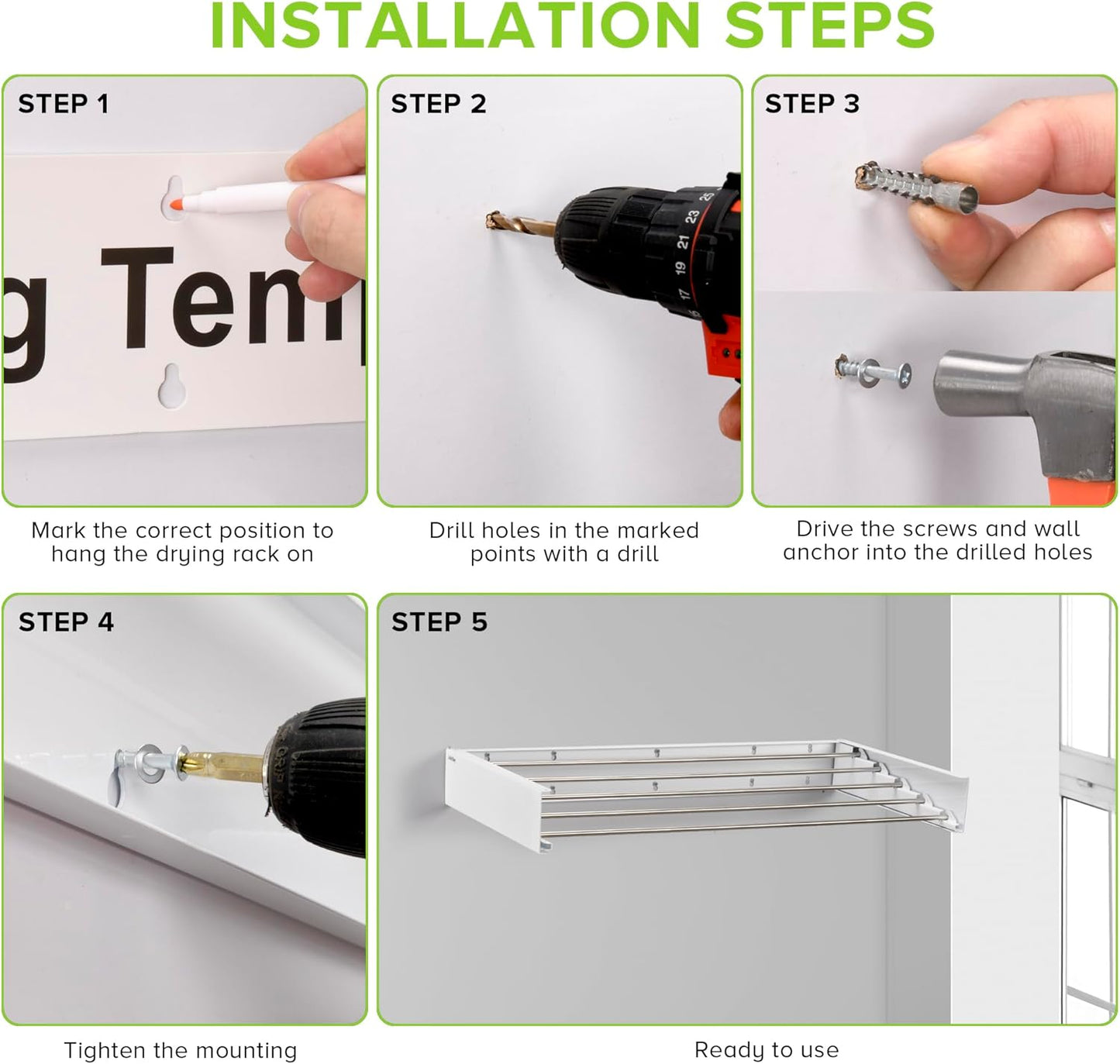 Wall Mounted Laundry Drying Rack, Retractable Clothes Drying Rack for Bathroom with Wall Template, 5 Stainless Rods Heaving 60 lb Capacity (White, 31.5")