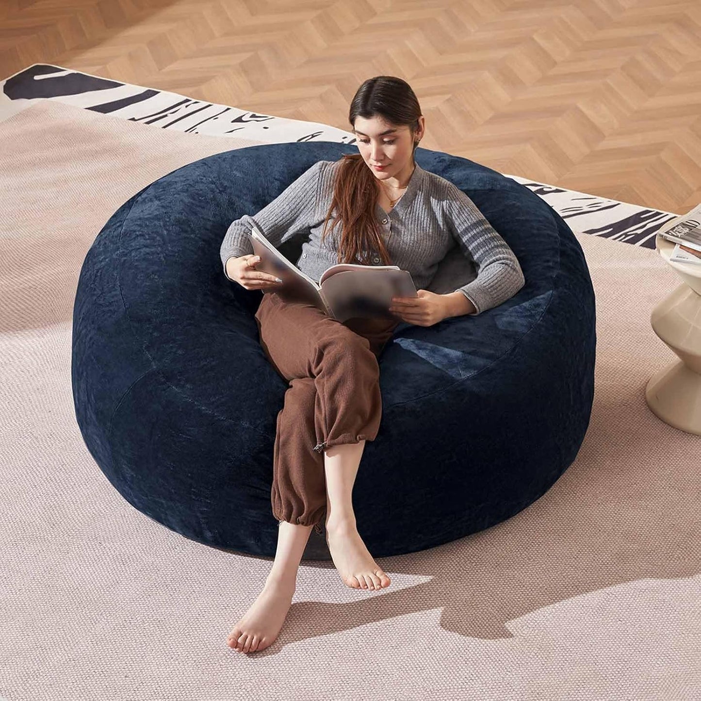 Bean Bag Chair 4Ft, Memory Foam Filled, Large Beanbag Chairs for Adults and Teens, Soft Sofa with Removable Flannel Cover, Round Couch for Living Room Bedroom College Dorm (Blue, 4FT-47×47"×24")