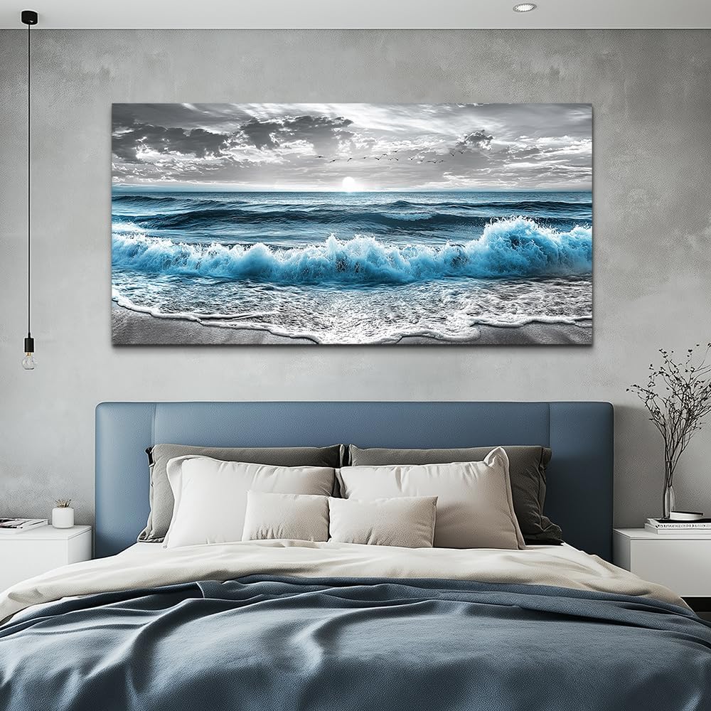 ZUITINGHUA Canvas Wall Art For Living Room Large Wall Decor For Office Bedroom Decorations Sea Wave Landscape Pictures Black And White Painting Artwork Room Wall Mural Aesthetic Home Decor 30x60 In