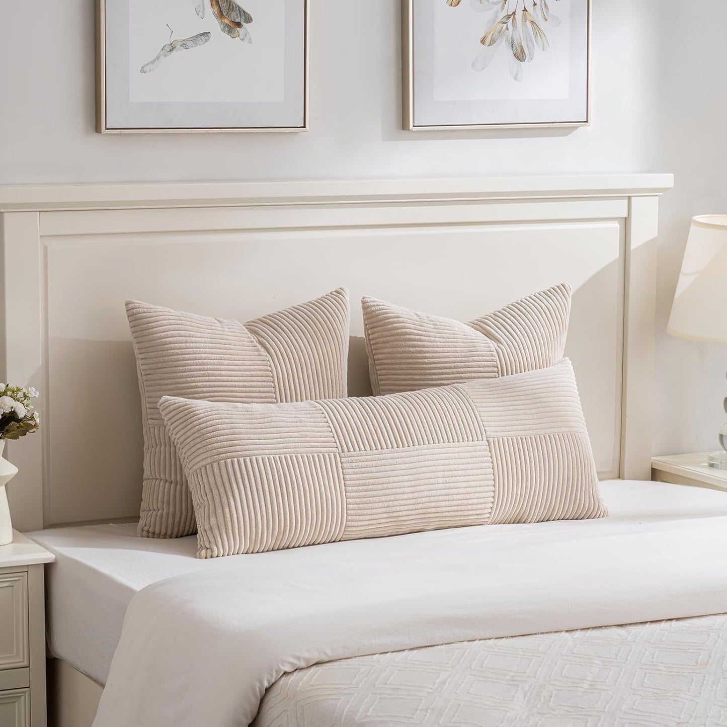 Fancy Homi Set of 2 Tan Boho Long Lumbar Body Decorative Throw Pillow Cover 14x36 Inch for Bed Couch Bedroom Bench, Soft Patchwork Corduroy Textured Pillow Case, Rustic Farmhouse Room Décor