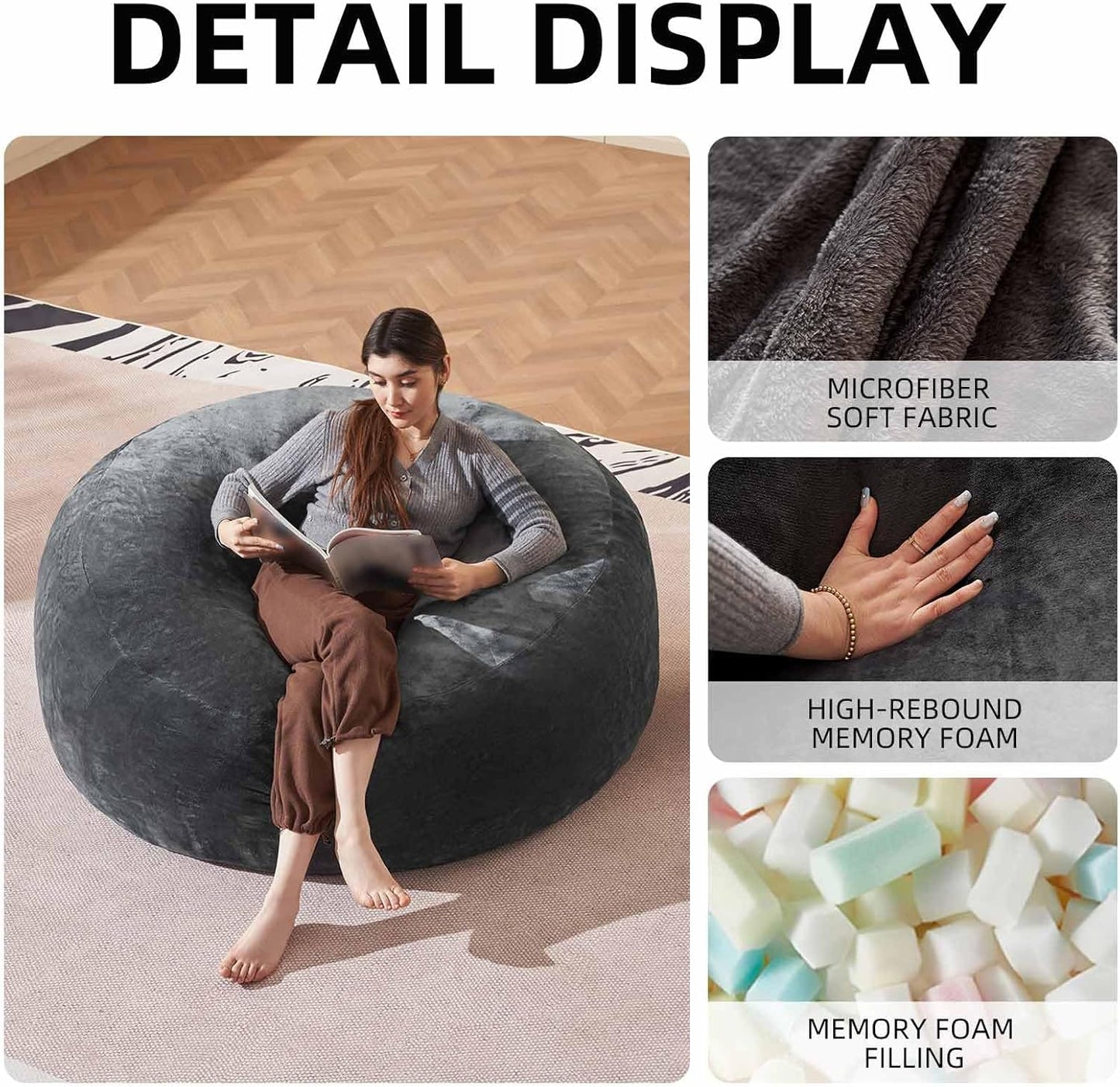 Bean Bag Chair 5Ft, Memory Foam Filled, Large Beanbag Chairs for Adults and Teens, Soft Sofa with Removable Flannel Cover, Round Couch for Living Room Bedroom College Dorm (Dark Gray, 5FT-60×60"×24")