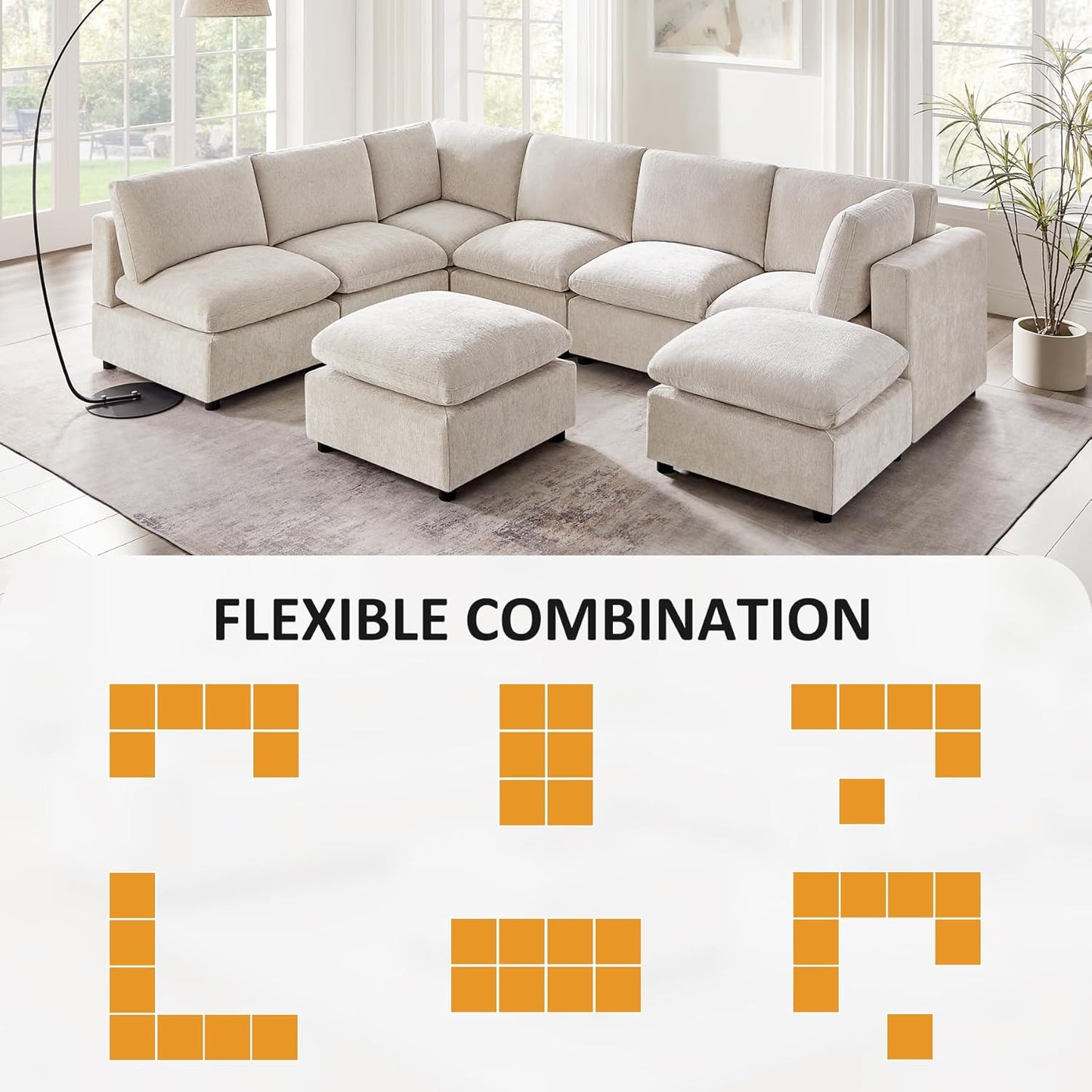 Modular Sectional Sofa, Convertible Couch Modular Sofa Without Ottoman, Sectional Sofas for Living Room Small Apartments