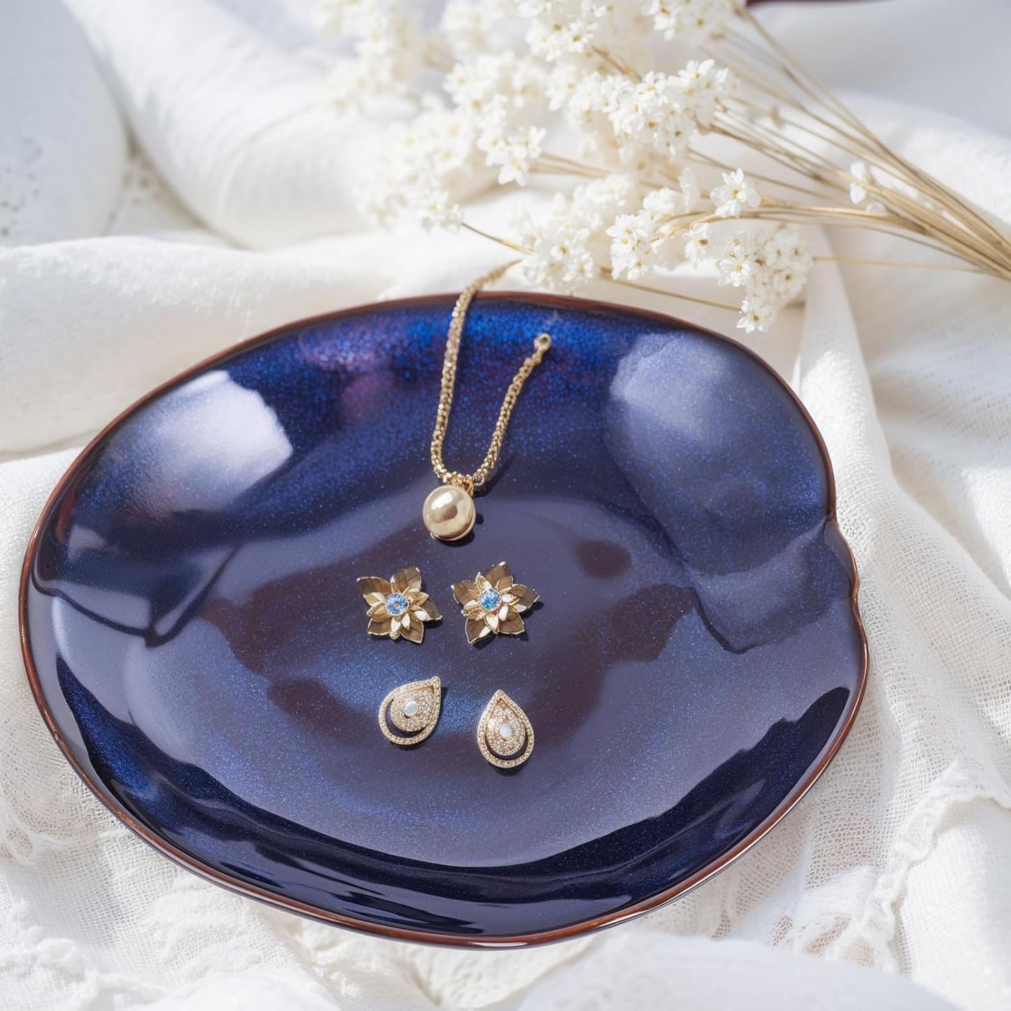 Blue Ceramic Decorative Bowl –10.4" Small Trinket Dish, Fruit Bowl, Candy Dish, Key Bowl for Entryway Table, Jewelry & Ring Dish, Porcelain Catchall Dish for Kitchen, Bedside, Living Room Home Decor