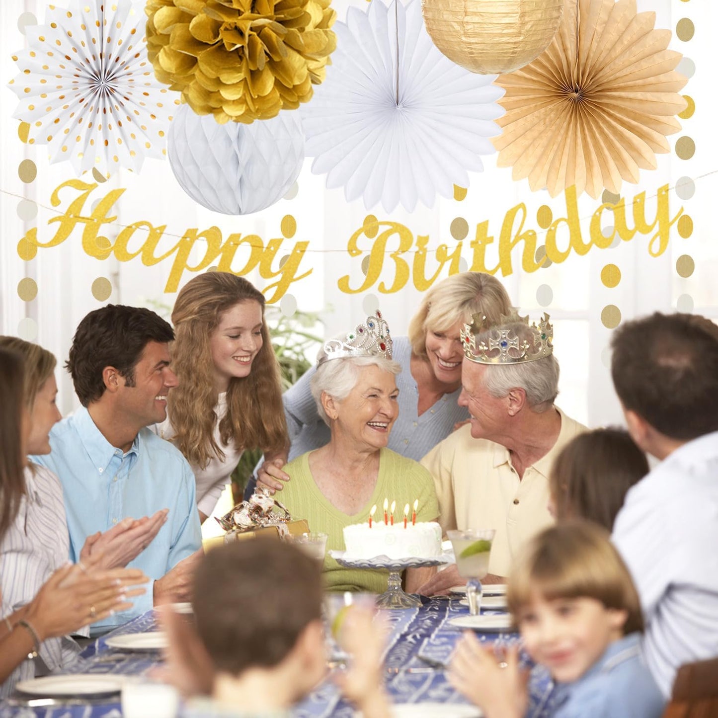 White Champagne Gold Birthday Party-Decorations - 21pcs Happy Birthday Banner,Paper Lanterns,Tissue Pom Poms Flower Fan,Honeycomb Ball,Swirl Streamers Garland Supplies Women Men Decor Huglony