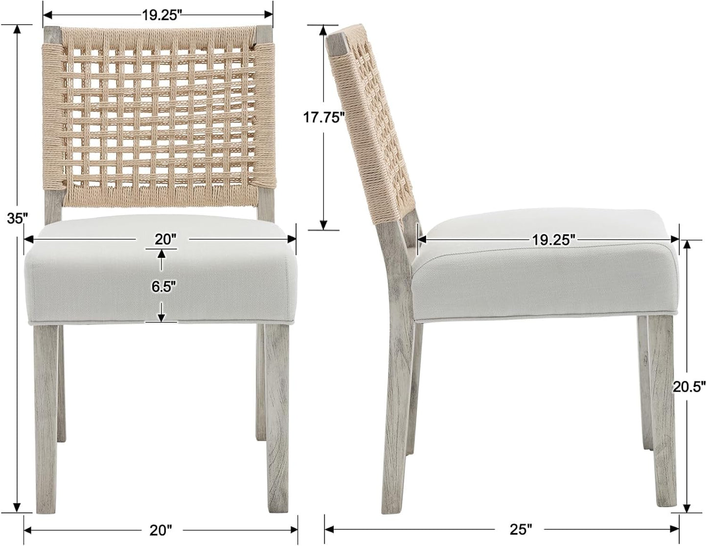 Kmax Farmhouse Dining Chairs Set of 6, Rustic Kitchen Chairs with Linen Fabric Seat and Woven Back, Vintage Accent Chairs for Dining Room, Living Room, Ivory