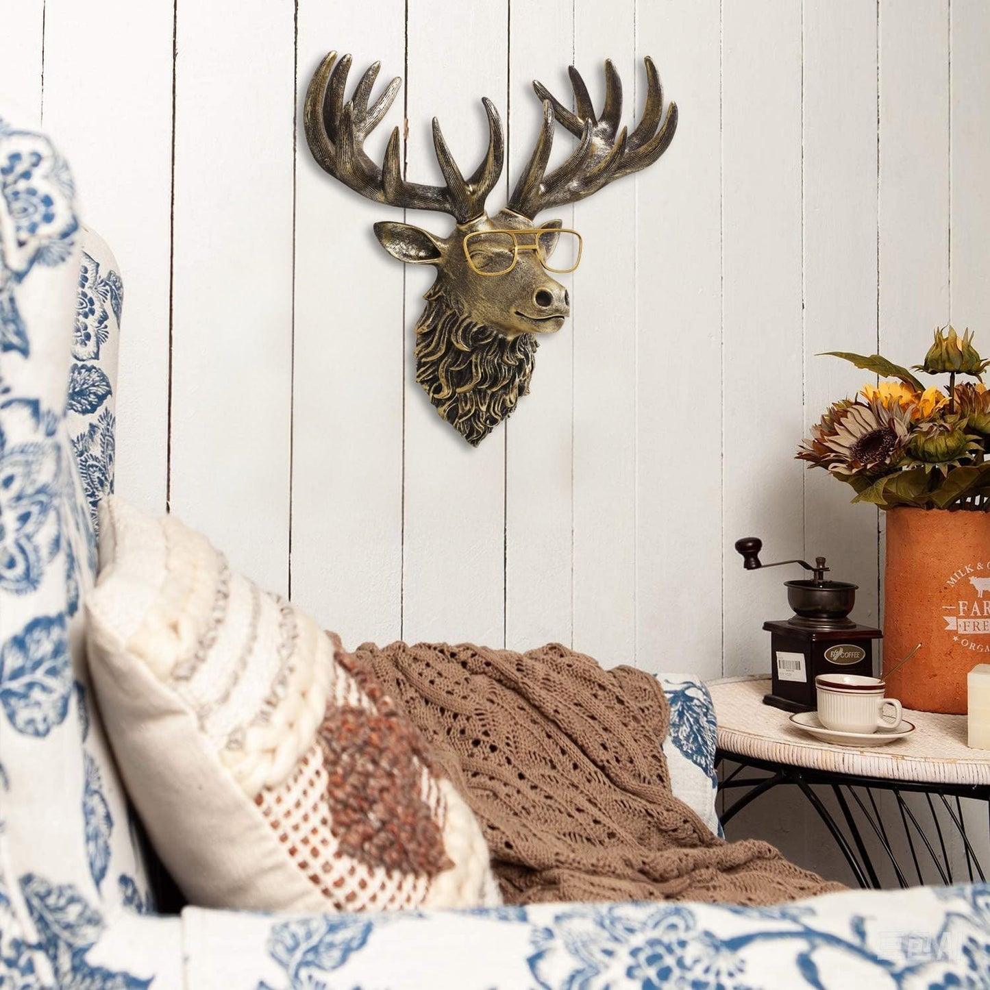 JJALIGHTS Animal Heads Wall Decor Resin Animals Sculptures Head Wall Hanging Decoration Imitation Copper vintage Wall Sculpture for Living Room Bedroom Office(Deer,not include metal frames)