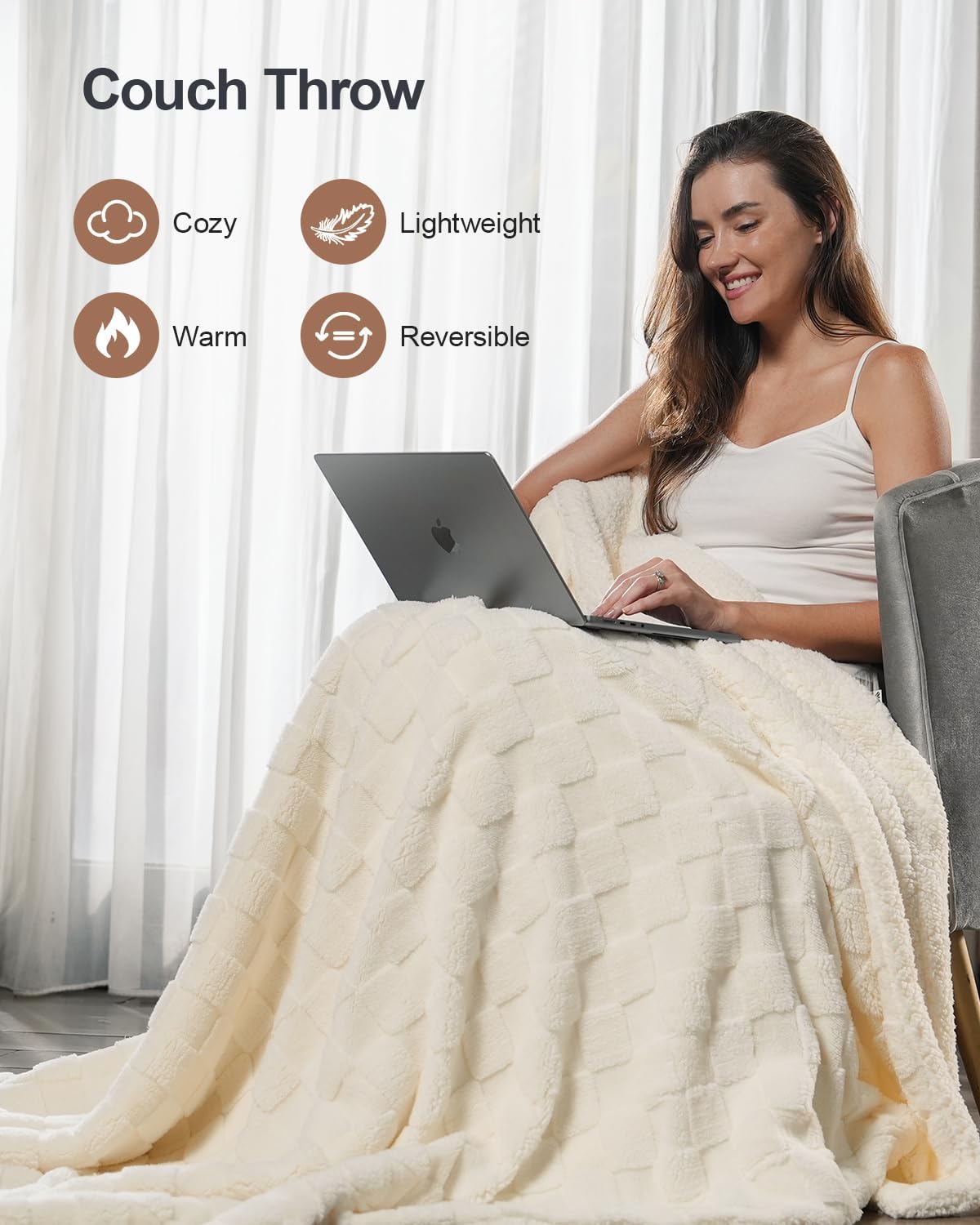 Pawque Super Soft Cozy Throw Blanket for Couch Bed - Fluffy Sherpa Fleece Reversible Thick Warm Fuzzy Blanket for All-Season, 3D Checkered Jacquard Elegant Decorative Blankets, Cream White, 50" x 60"