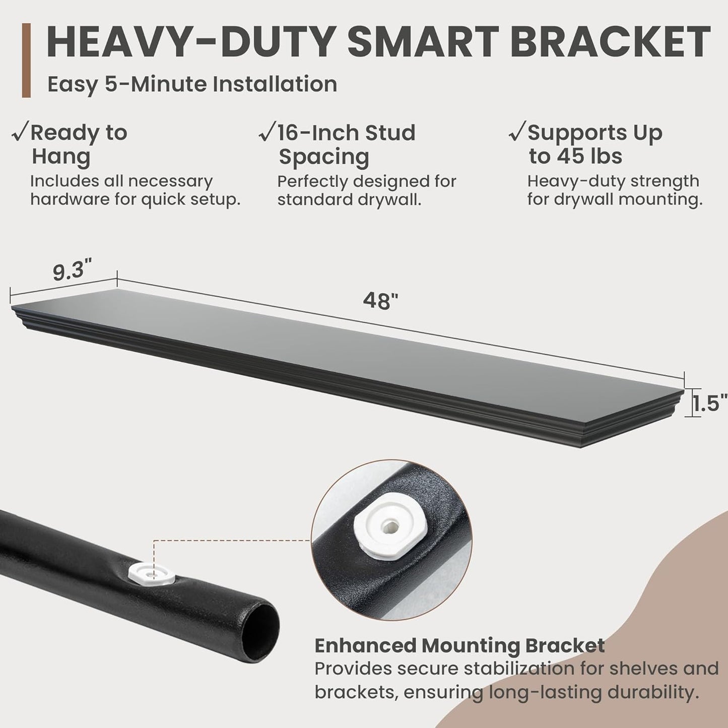 Floating Shelves for Wall, 48 Inch Long Wall Mounted Black Hanging Shelf for Kitchen, Living Room, Office, Bedroom, Bathroom, Retro Vintage Wood Bookshelf for House Decor