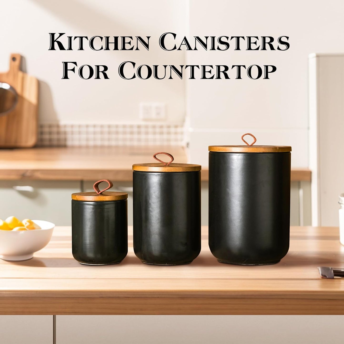 JOJUNO Black Ceramic Canister Set with Wooden Lid, 3-Piece Airtight Food Storage Jars for Kitchen Counter - Flour, Sugar, Coffee, Tea, Spice - Small, Medium, Large Sizes