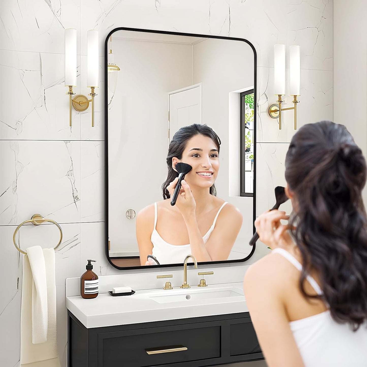 Fabuday Black Bathroom Mirror for Over Sink - 20x28 Rounded Rectangle Wall Mirror, Matte Metal Framed Vanity Rectangular Mirrors for Bedroom, Living Room, Entryway Decor, Horizontally/Vertically
