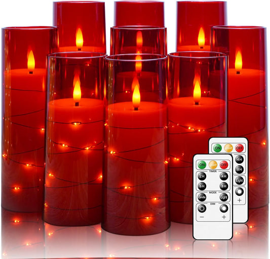 Flickering Flameless LED Candles,Battery Operated Candles 9 Pcs with Embedded Star String,Acrylic LED Pillar Candles with Remote,Suitable for Home Decoration to Create an Atmosphere（Red）