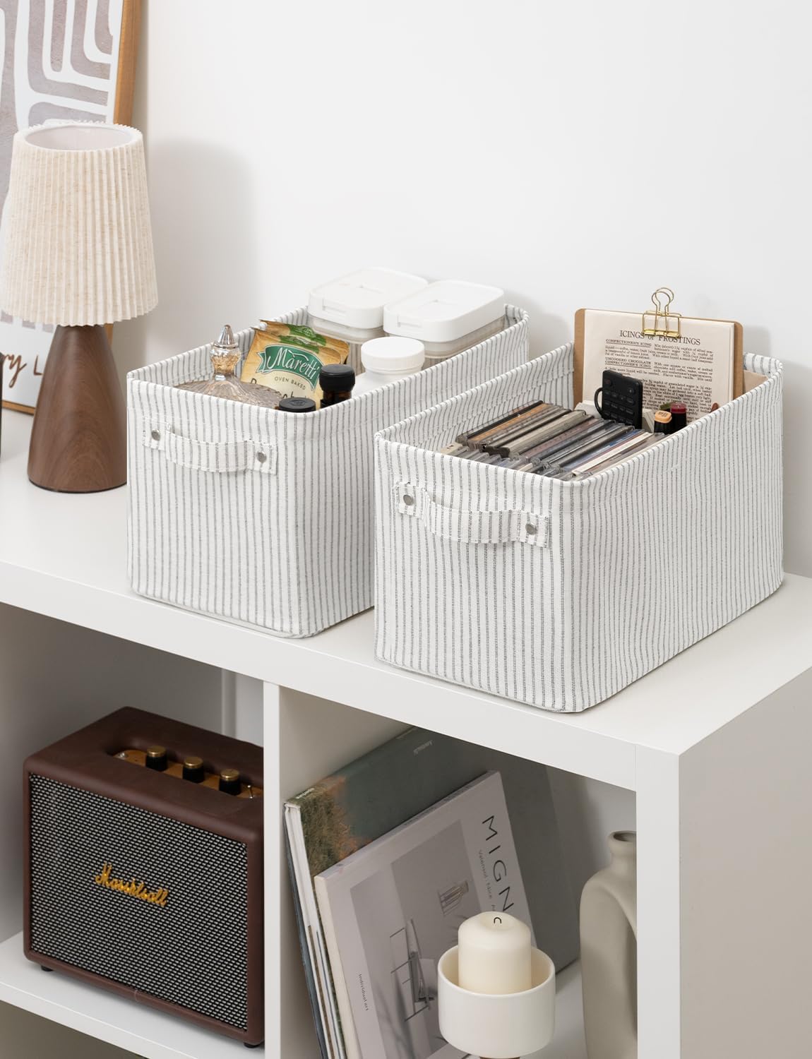 StorageWorks Narrow Storage Bins, Small Basket for Closet and Shelves, Rectangular Fabric Organizer with Handles, Toilet Paper Storage, Gray and White, 2-Pack