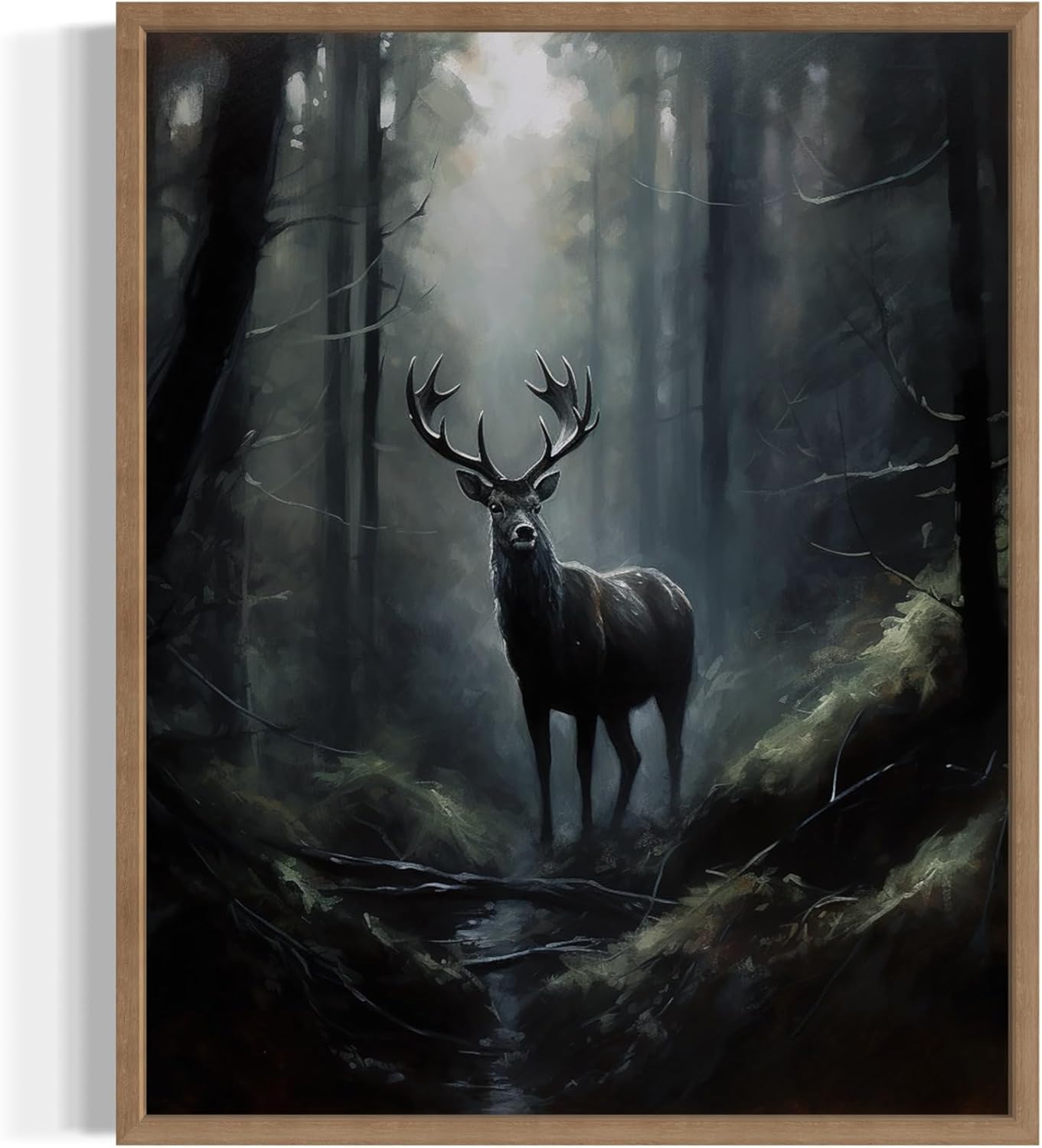 Deer in Forest Poster Art Print, Halloween Scary Vintage Wall Art Academia Spooky Painting Decoration for Horror Prints, Gothic Posters Bedroom Decor 89 (Deer in Forest, 11 x 14 inches, Wood Frame)