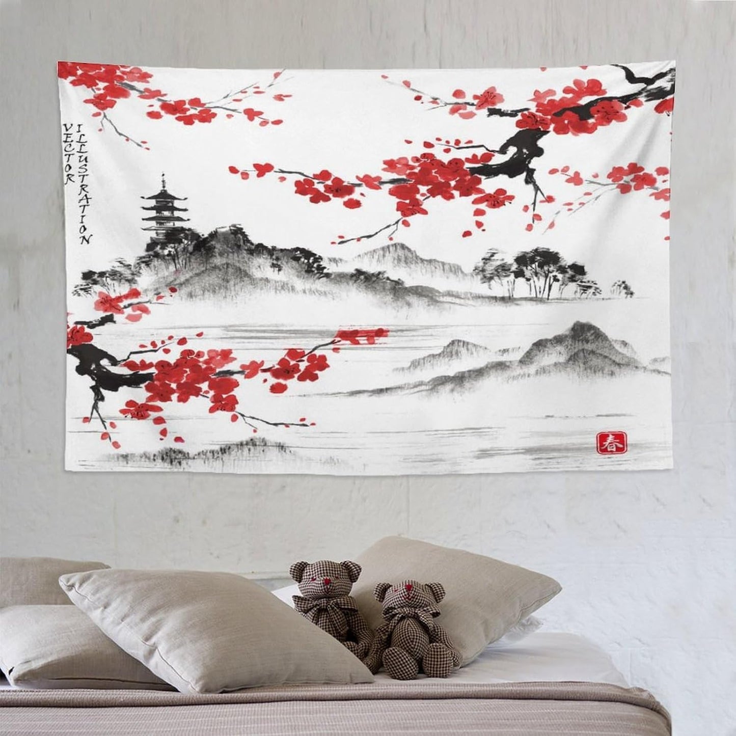 Cherry Blossoms Tapestry, Japanese Fuji Mountain Tapestry, Asian Japanese Wall Tapestry, Nature Landscape Tapestries for Bedroom Living Room Decor 90"x60"