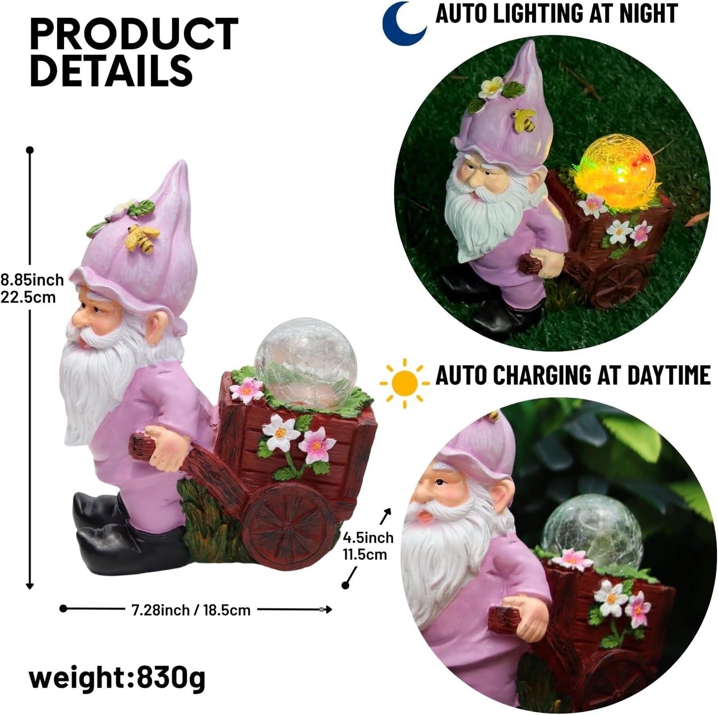 Solar Garden Gnome Statue with Crackle Glass Globe Lights, Waterproof Outdoor Decor for Patio, Lawn, or Yard, Whimsical Housewarming Gift(Pink Gnomes)