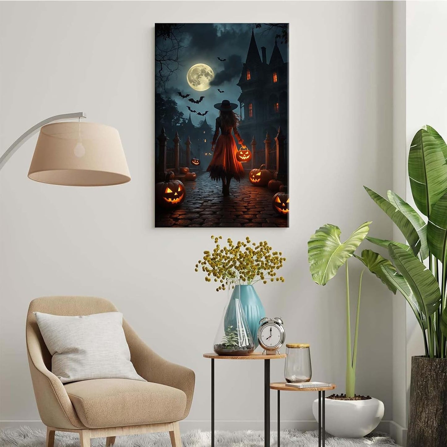 JFHCQJPK Halloween theme poster moonlit autumn night witch vintage poster art print dark college style gothic painting canvas wall decoration bedroom living room ideal gift16x24in Frameless