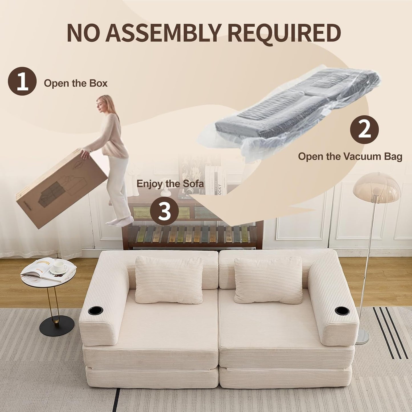 78" W Loveseat Sofa, 4 in 1 Convertible Floor Sofa Bed, Boneless Cloud Couch with Cup Holder, Fold Out Floor Couch, Loveseat Recliner Sleeper for Living Room Bedroom Lounge(Corduroy, White)