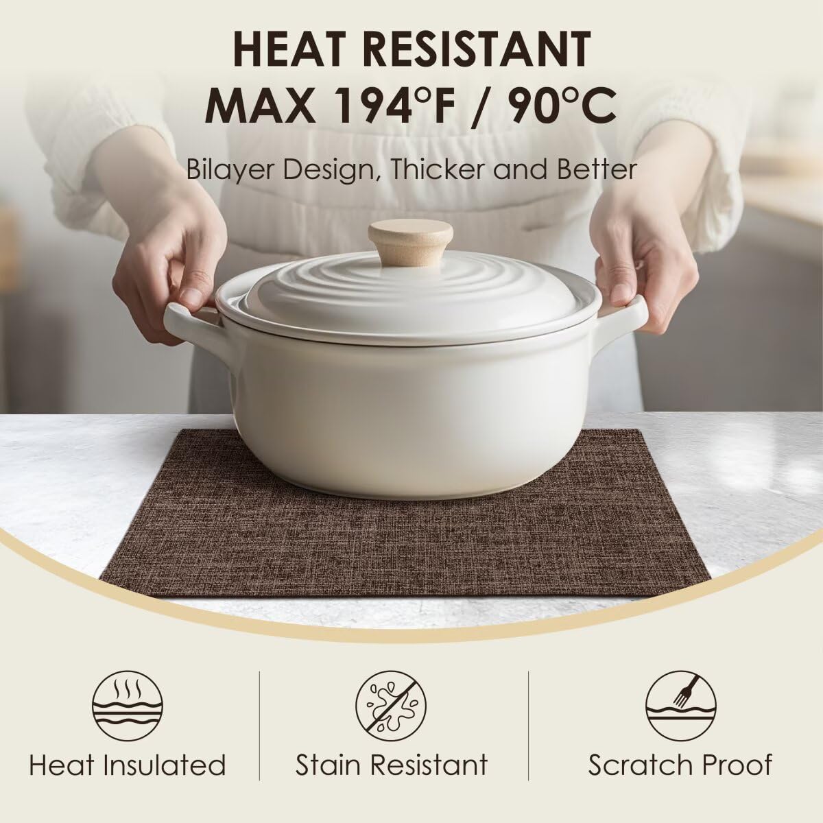 Placemats Set of 6, Bilayer Thickened Linen Place Mats Heat Resistant Machine Washable Wrinkle Free Carefully Selected Polyester Mats for Kitchen/Dining/Coffee Table (Burlap)