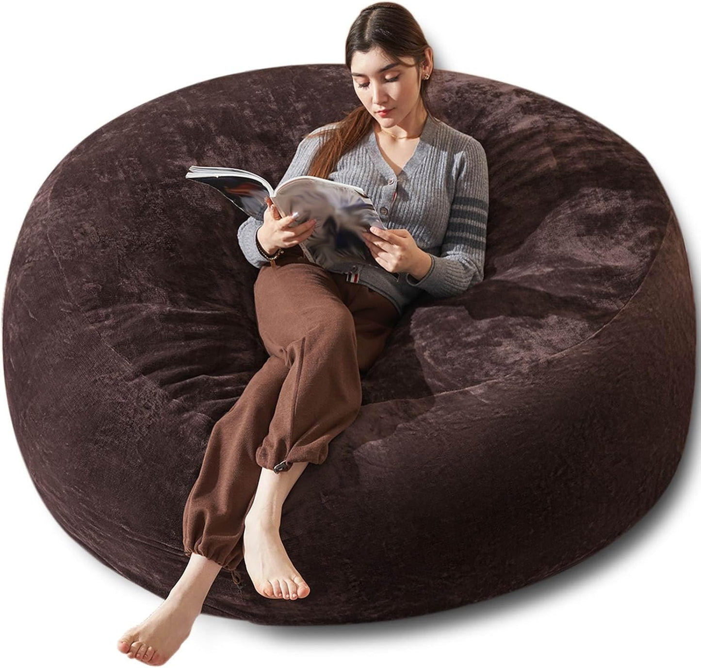 Bean Bag Chair 6Ft, Memory Foam Filled, Large Beanbag Chairs for Adults and Teens, Soft Sofa with Removable Flannel Cover, Round Couch for Living Room Bedroom College Dorm (Brown, 6FT-67×67"×24")
