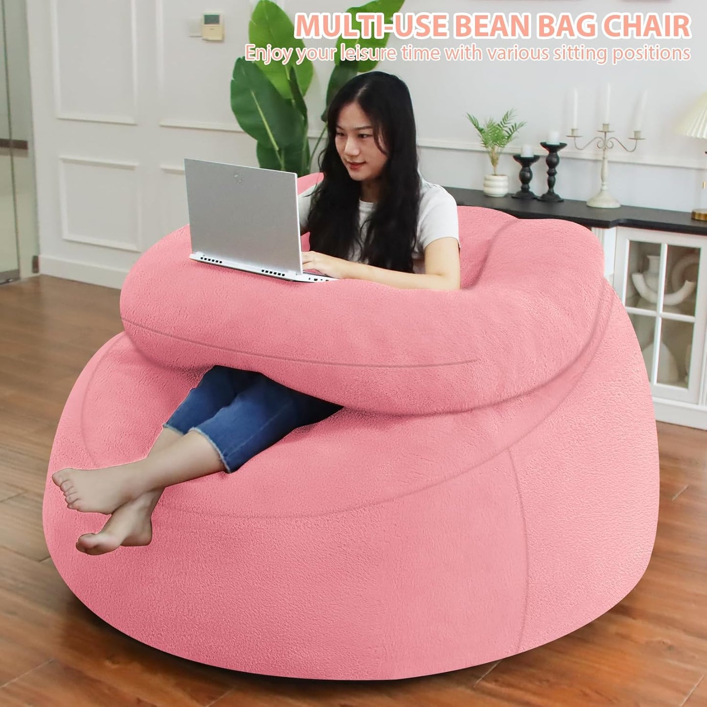 HABUTWAY Bean Bag Chair with U-shaped Pillow for Adult and Kids Big BeanBag Chair with Filling Ultra Soft Faux Fur Couch Chair with Washable Cover for Living Room Bedroom Office, Light Pink&Light Pink