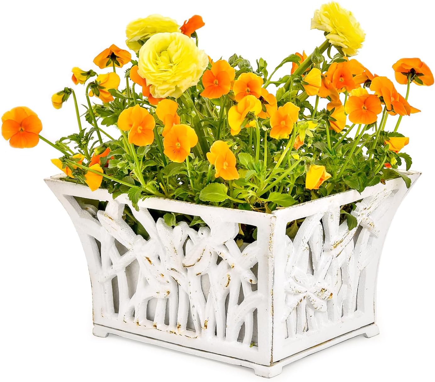 Sungmor Heavy Duty Cast Iron Planter Basket w/Non-Woven Growing Bag, Unique Shape & Beautiful Pattern Design, Hollow Orchid Flower Pot Garden Tools Holder, Rust White French Country Decor Container