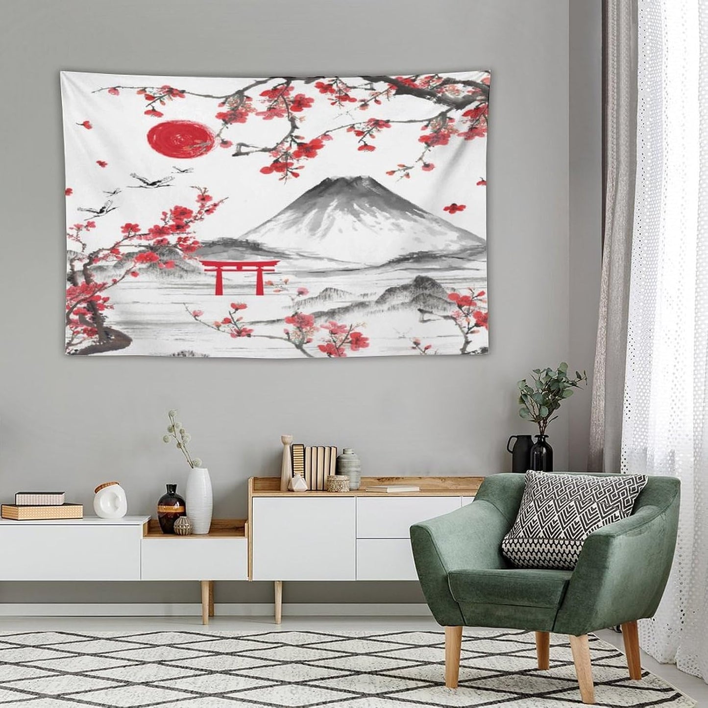 Red Cherry Blossoms Tapestry, Japanese Fuji Mountain Tapestry, Asian Japanese Wall Tapestry, Nature Landscape Tapestries for Bedroom Living Room Decor 60"x40"