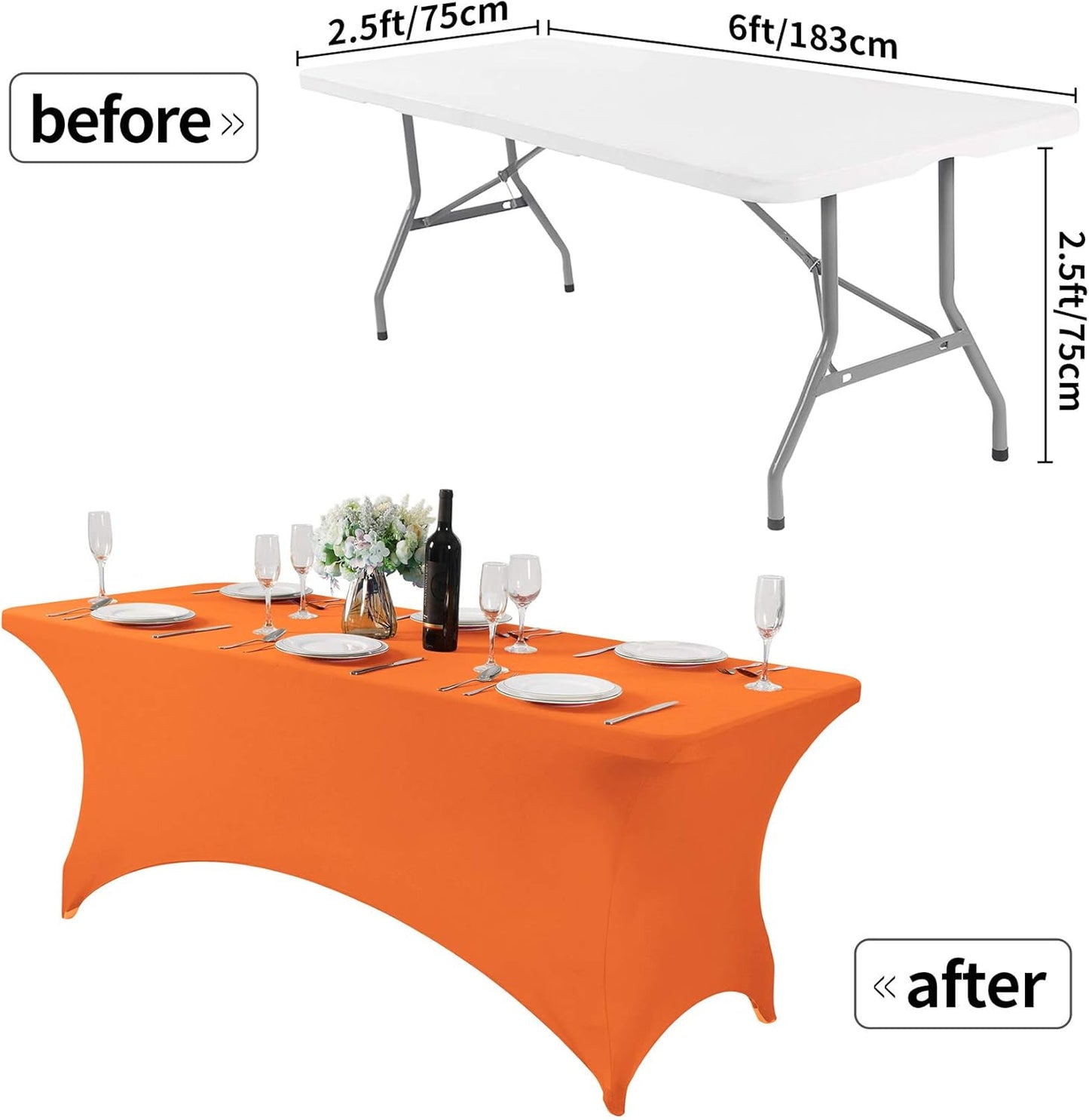 2Pack Spandex Table Cover for 6Ft or 4fT or 8ft Table Universal Fitted Stretch Tablecloth for Party, Banquet, Wedding and Events-Orange