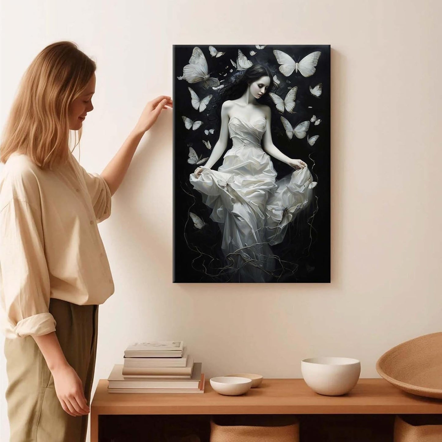 JFHCQJPK Vintage Gothic Feminine Canvas Wall Art Print Butterfly Poster Moody Preppy Wall Art Dark College Decor for Home Bedroom12x16in Frameless