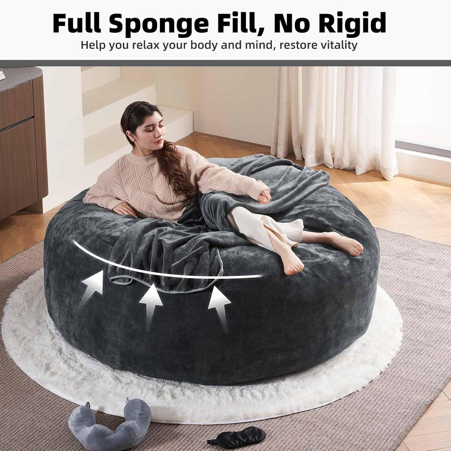 6FT,Oversized Bean Bag Chairs for Adults,Giant beanbag with Filler Included，Fluffy Memory Foam,Soft and Comfy Corduroy Fabric,Gaming Chairs Suitable for Living Room and Bedroom (Dark Gray, 6 Foot)