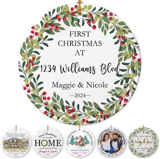 Personalized New Home Ornament 2025 w/Name & Address, Custom First Christmas in Our New Home Ornaments,Double-Sided Ceramic Customized New House Xmas Ornaments
