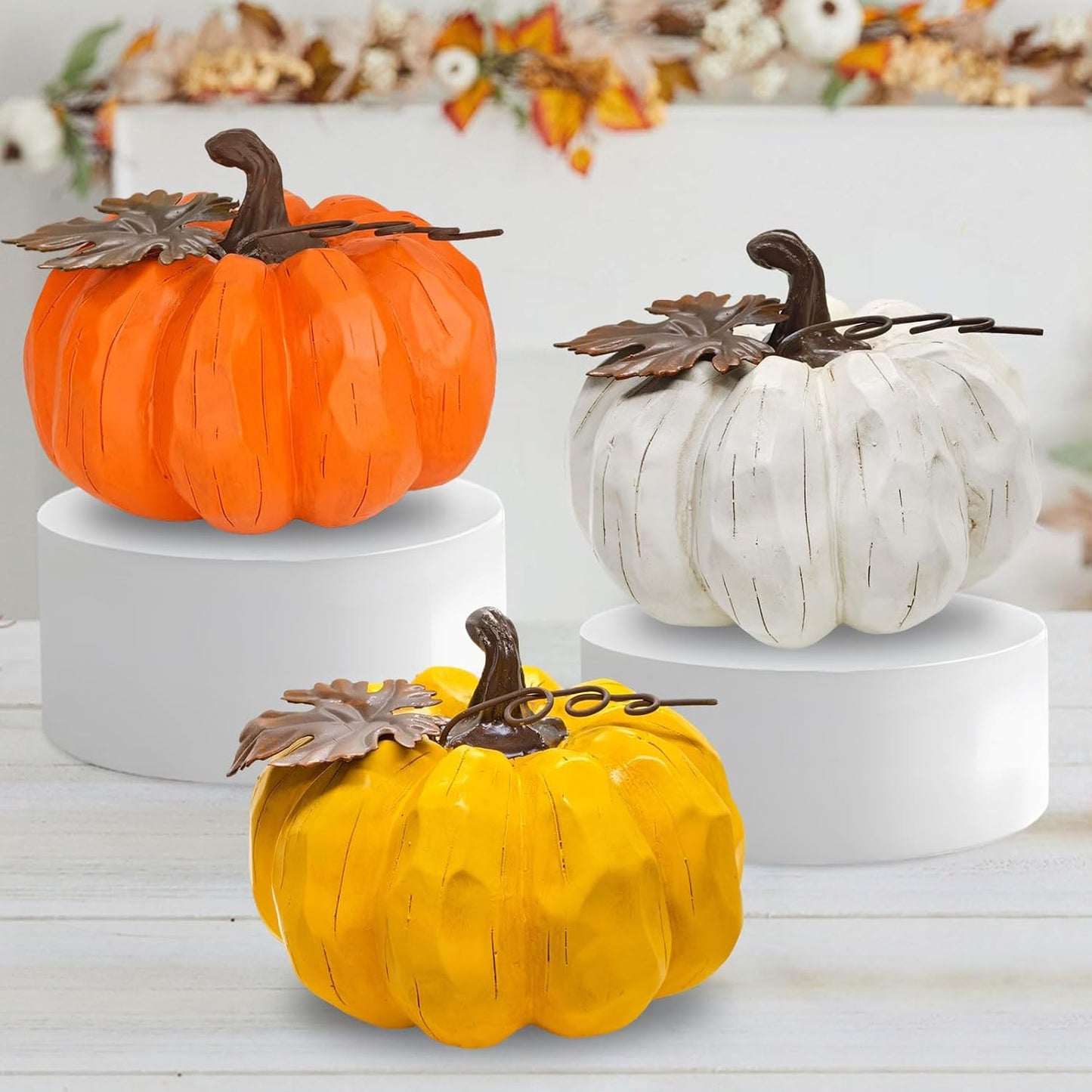 Large Pumpkin Decor Fall Decor, 3PCS Resin Pumpkins Thanksgiving Decorations with Metal Maple Leaf,5.9Inch Artificial Pumpkins for Home, Farmhouse, Mantel, Centerpiece Table Decorations