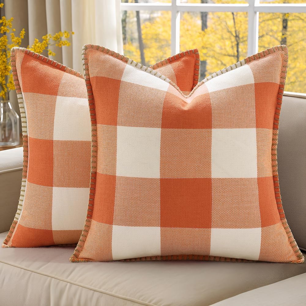 decorUhome Fall Orange and White Decorative Throw Pillow Covers 16x16 Set of 2, Buffalo Plaid Check Farmhouse Cushion Covers with Stitched Edge for Autumn Harvest Couch Sofa Bed Home Decor