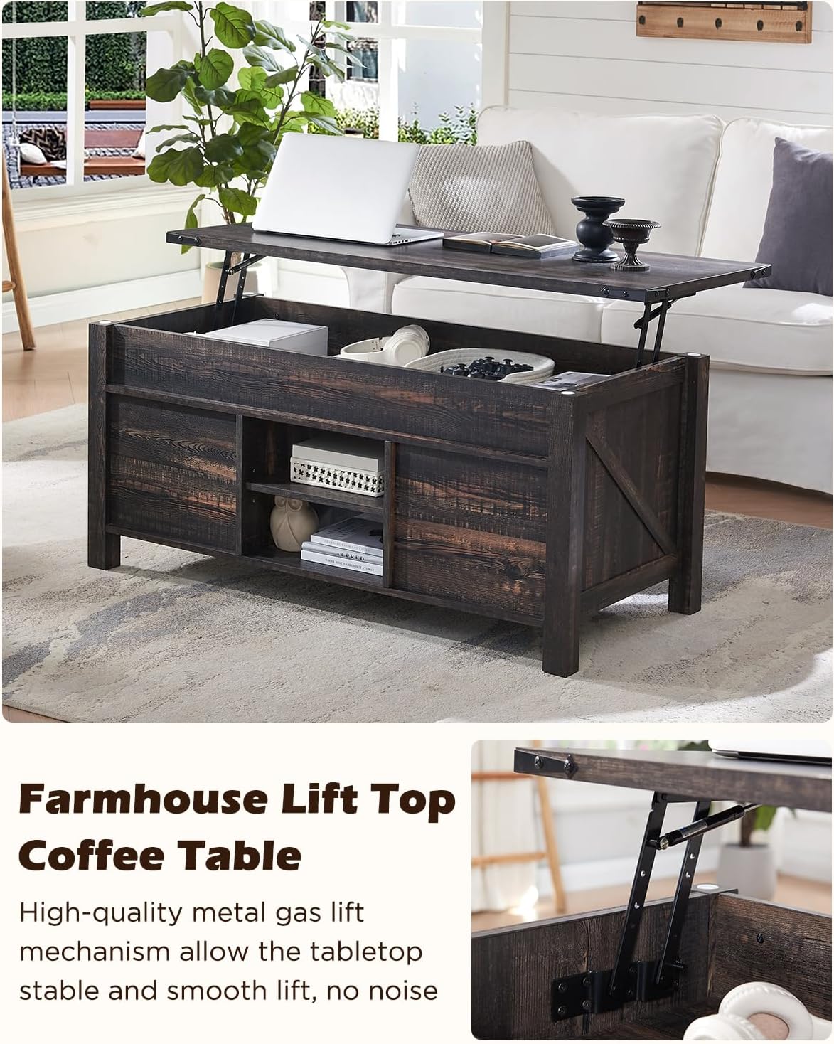 OKD 48" Farmhouse Lift Top Coffee Table with Sliding Barn Door,Rustic Center Table with Hidden Storage Compartment,Lifting Tabletop and Adjustable Shelf for Living Room,Office,Dark Rustic Oak