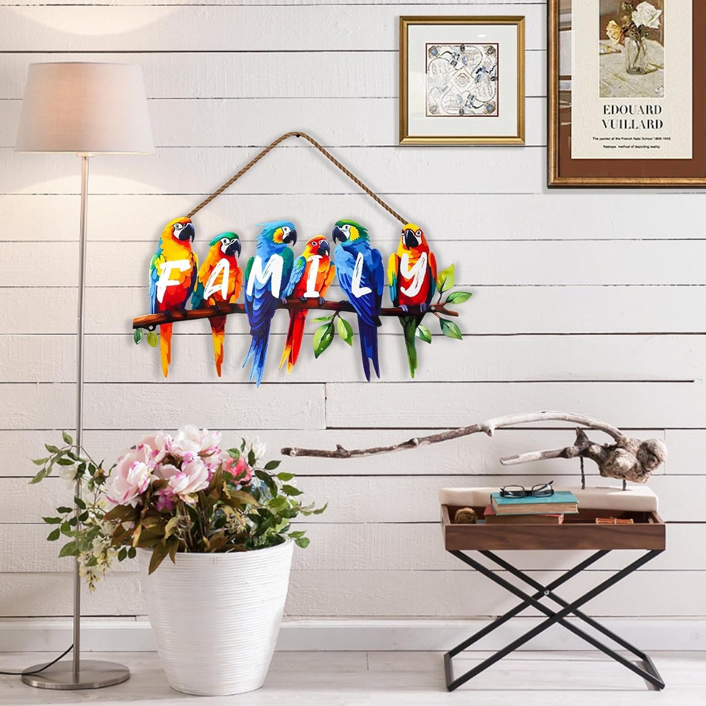 ULENDIS Metal Parrot Wall Art, Birds on Branch Wall Decor Family Sign for Front Door, Wall Hanging Decoration for Garden Living Room Balcony Patio Indoor Outdoor