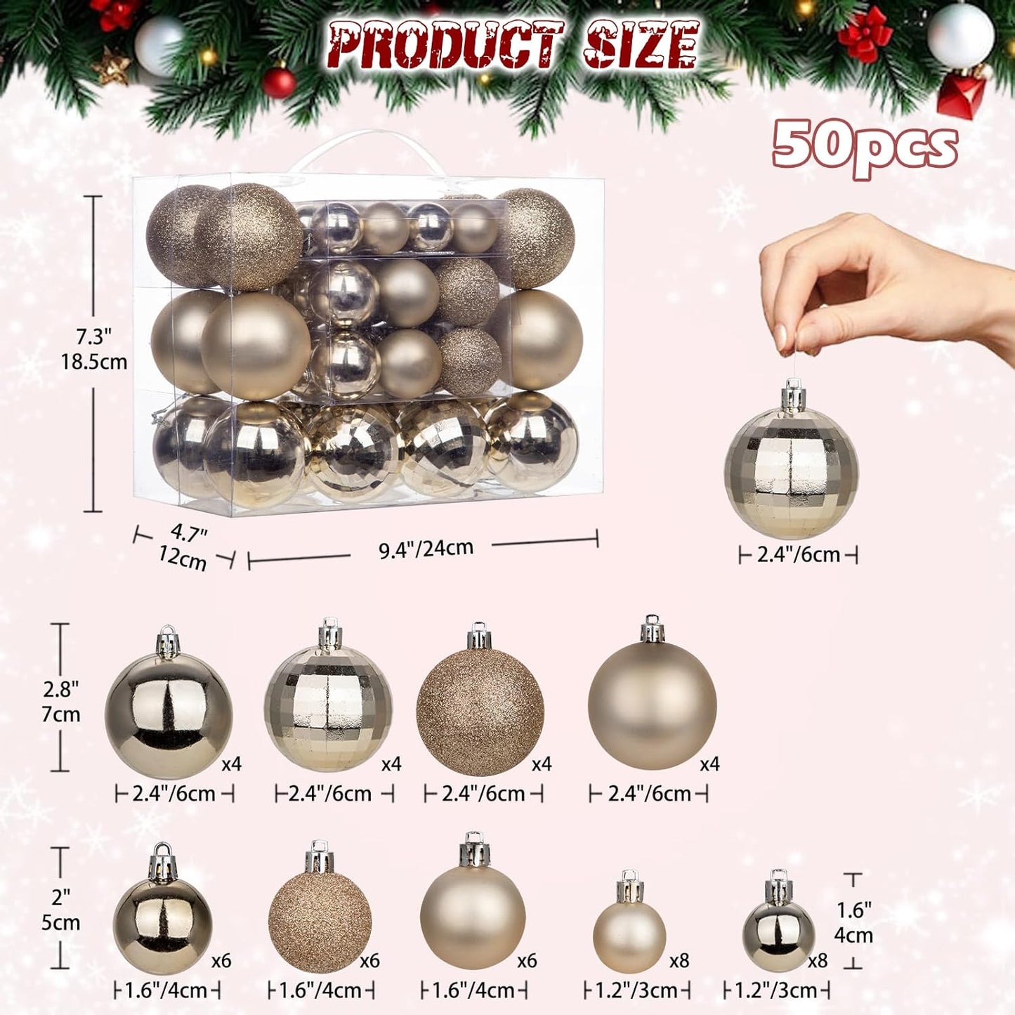 50pcs Champagne Christmas Ball Ornaments Set Shatterproof Christmas Ball for Xmas Tree Xmas Ornaments Balls with Hanging Loop for Xmas Wedding Holiday Party Wreath Home Decor