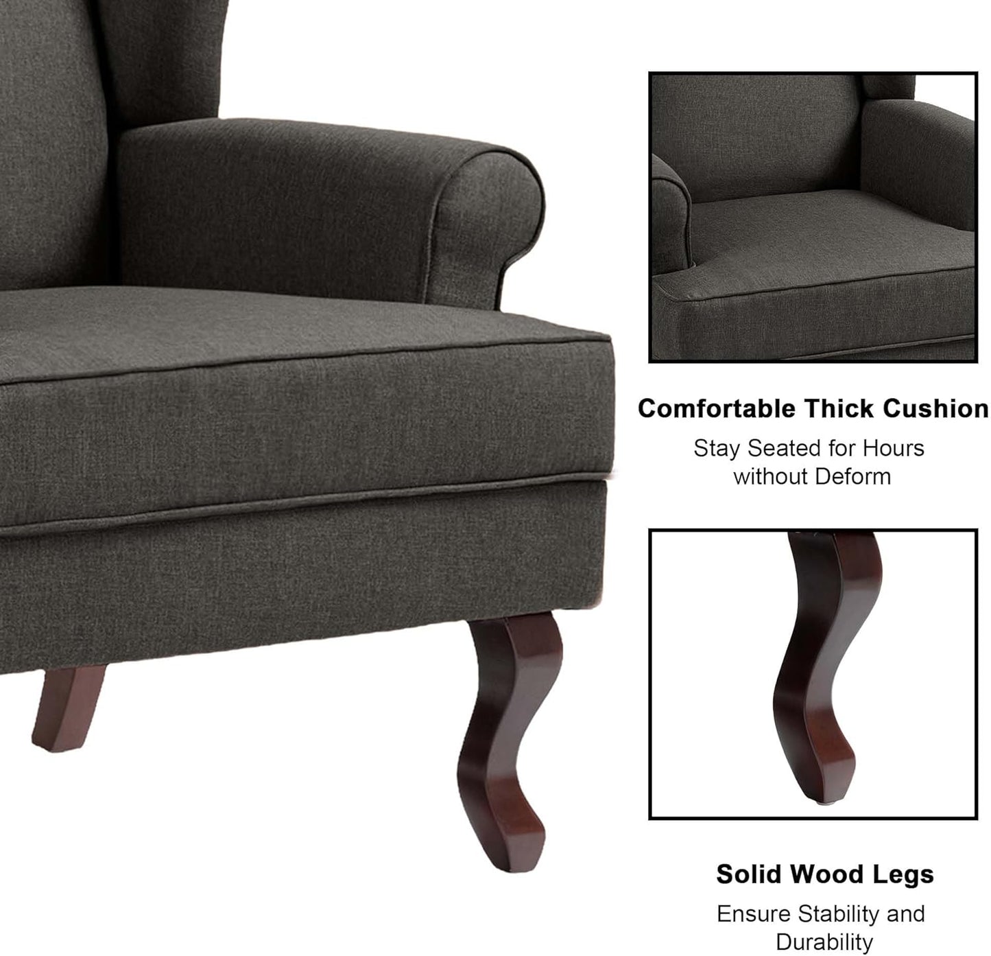 Accent Chair, High Back Upholstered Armchair with High Resilience Sponge & Wood Legs, Mid-Century Modern Comfy Single Sofa Reading Chairs for Living Room, Bedroom (Dark Grey, Set of 1)