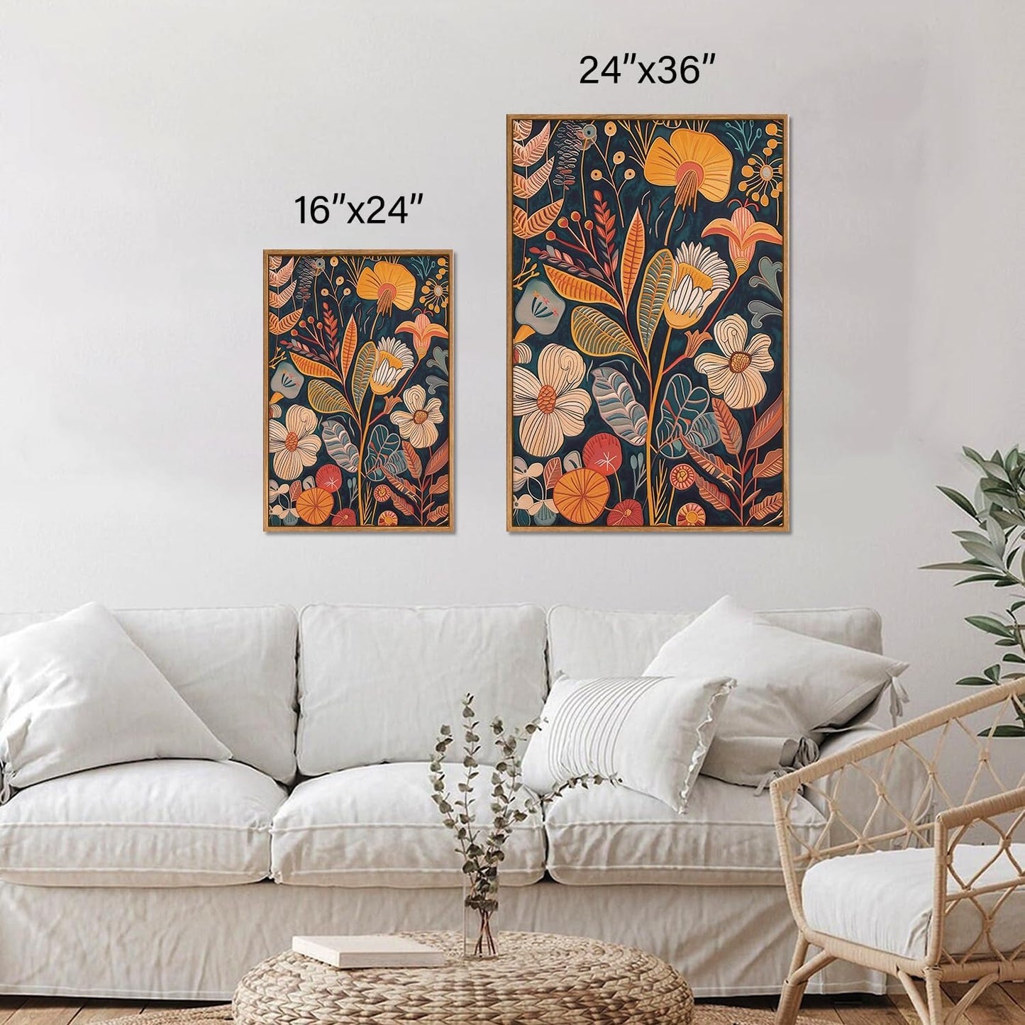 SIGNINART Boho Botanical Framed Canvas Wall Art Set of 3, Mid Century Modern Wall Decor, Burnt Orange Floral Artwork, Neutral Flower Plant Art Prints for Bedroom Living Room Office 24"x36"x3