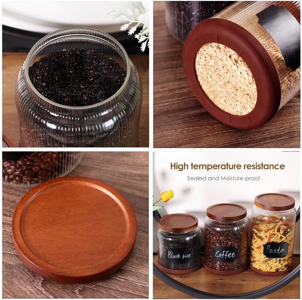 SAIOOL 2-Pack Striped Borosilicate Glass Airtight Canisters - Big mouth Large Capacity, Acacia Wood Lid, Food Storage Jars for Flour, Pasta, Pantry Organization (1 Gallon （2 Striped pack）)