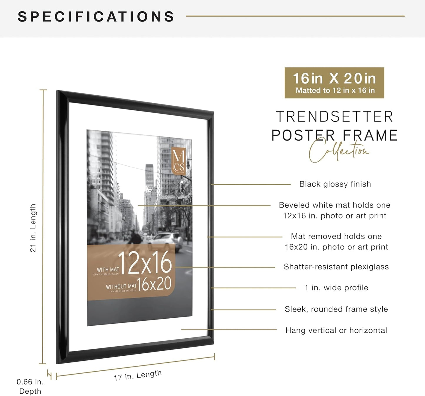 MCS Trendsetter 16x20 Matted Poster Frame with 12x16 Picture Display, Black Vertical & Horizontal Wall Hanging Large Picture Frame for Photos & Posters (1-Pack)