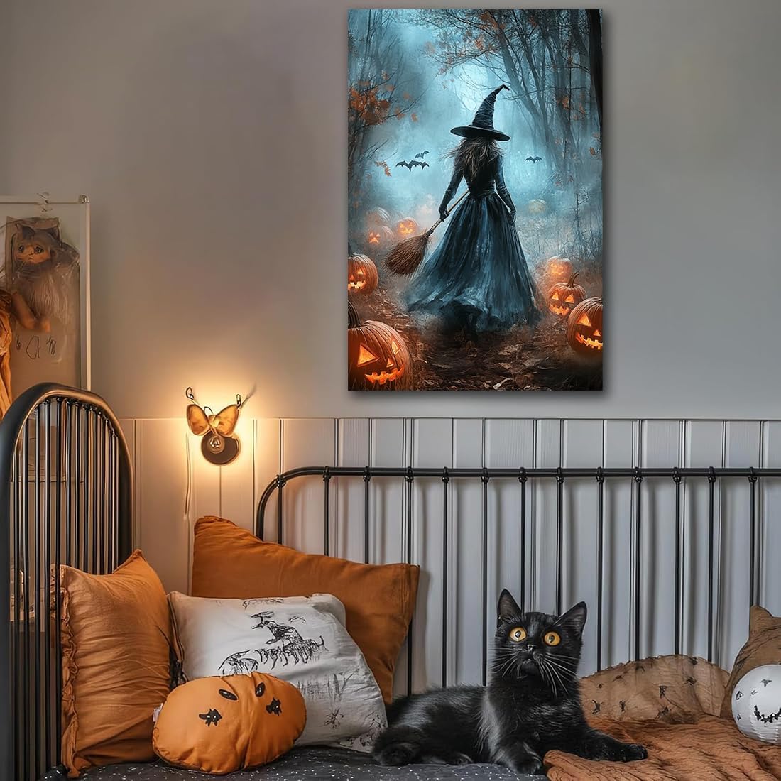 Vintage Moody Halloween Witch Artwork Wall Decor,Spooky Halloween Gothic Canvas Artwork Creepy Horror Witch with A Broom Pumpkin Bats Rustic Forest Picture,Dark Academia Poster,24"x36" Framed